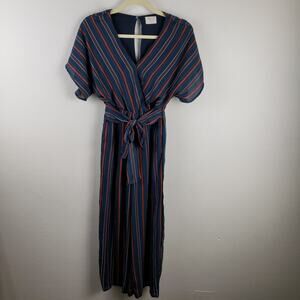 Sienna Sky Women's S Short Sleeve Jumpsuit Navy Blue Rust‎ Stripe Belted Waist